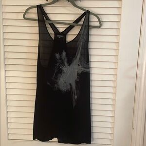 Storm Black and Gray Razor Back Abstract Design Sheer High Lo Tank Top Overlay